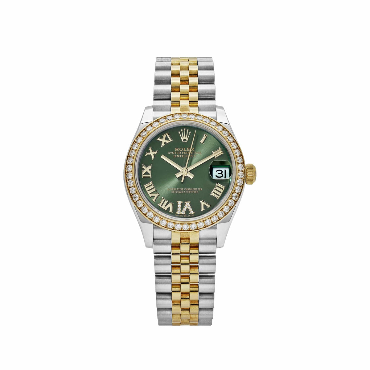 Rolex Datejust 31 278383RBR 'Ladies' Yellow Gold Stainless Steel Green Roman Dial Diamond Bezel