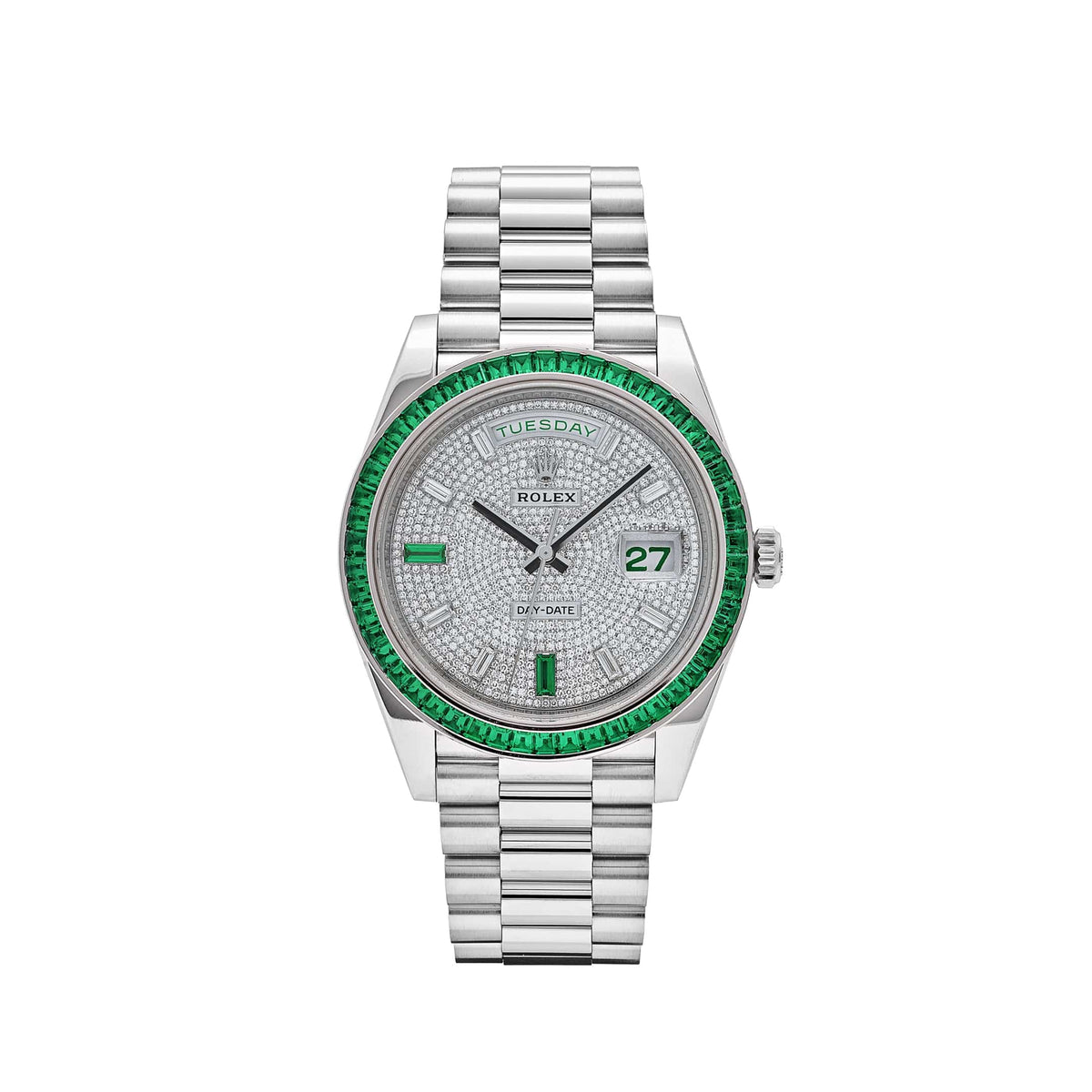 Rolex Day-Date 40 228396TEM Platinum Diamond Dial Emerald Bezel