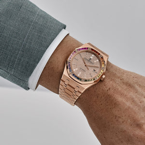 Audemars Piguet Royal Oak 15413OR.YY.1220OR.01 Rose Gold Rainbow Sapphires Bezel Diamond Dial (2021) — foto 2