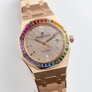 Audemars Piguet Royal Oak 15413OR.YY.1220OR.01 Rose Gold Rainbow Sapphires Bezel Diamond Dial (2021) — foto 5