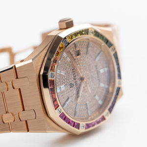 Audemars Piguet Royal Oak 15413OR.YY.1220OR.01 Rose Gold Rainbow Sapphires Bezel Diamond Dial (2021) — foto 7