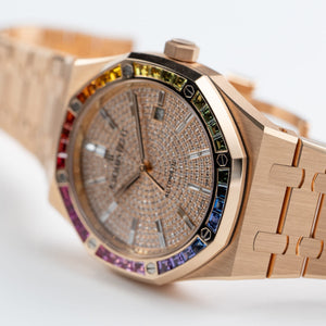 Audemars Piguet Royal Oak 15413OR.YY.1220OR.01 Rose Gold Rainbow Sapphires Bezel Diamond Dial (2021) — foto 6