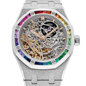 Audemars Piguet Royal Oak 15468BC.YG.1259BC.01-B Double Balance Wheel Frosted White Gold Rainbow Sapphires Bezel Openworked Dial (2021) — foto 6