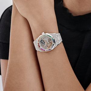 Audemars Piguet Royal Oak 15468BC.YG.1259BC.01-B Double Balance Wheel Frosted White Gold Rainbow Sapphires Bezel Openworked Dial (2021) — foto 5