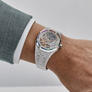 Audemars Piguet Royal Oak 15468BC.YG.1259BC.01-B Double Balance Wheel Frosted White Gold Rainbow Sapphires Bezel Openworked Dial (2021) — foto 2