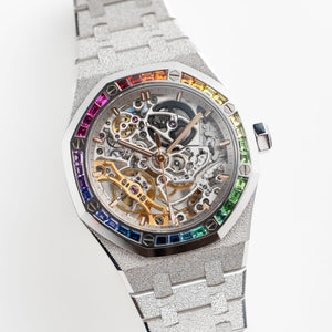 Audemars Piguet Royal Oak 15468BC.YG.1259BC.01-B Double Balance Wheel Frosted White Gold Rainbow Sapphires Bezel Openworked Dial (2021) — foto 7