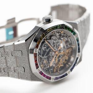 Audemars Piguet Royal Oak 15468BC.YG.1259BC.01-B Double Balance Wheel Frosted White Gold Rainbow Sapphires Bezel Openworked Dial (2021) — foto 9