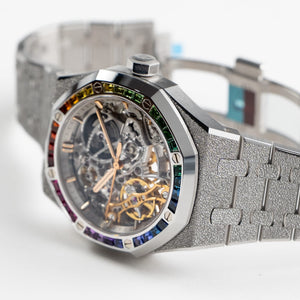 Audemars Piguet Royal Oak 15468BC.YG.1259BC.01-B Double Balance Wheel Frosted White Gold Rainbow Sapphires Bezel Openworked Dial (2021) — foto 8
