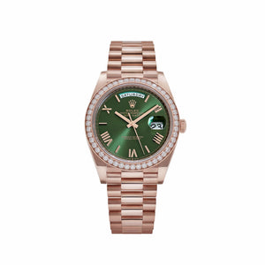 Rolex Day-Date 40 228345RBR Rose Gold Olive Green Roman Numerals Dial Diamond Bezel (2021) — foto 1